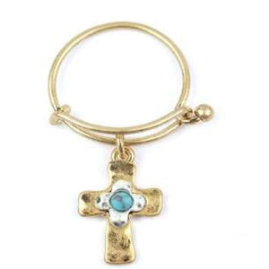 [12pcs set] Cross pendant ring - gold turquoise