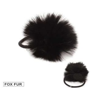 [12pcs set] Fox fur pom pom hair tie - black