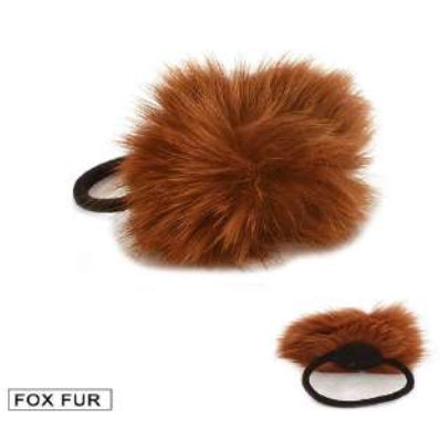 [12pcs set] Fox fur pom pom hair tie - brown