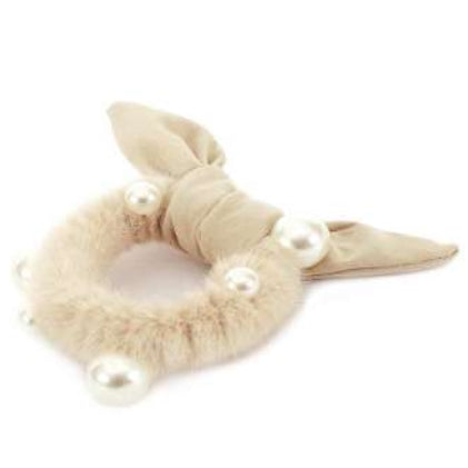 [12pcs set] Fur & pearl scrunchies with ribbon - beige