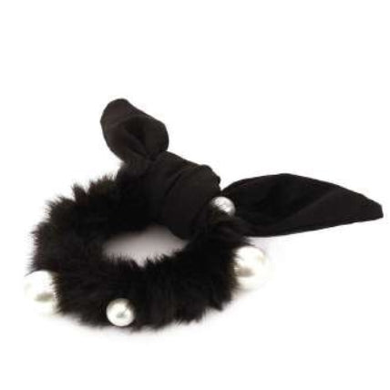 [12pcs set] Fur & pearl scrunchies with ribbon - black