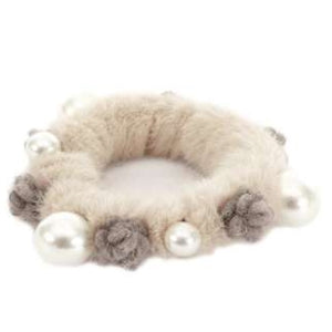 [12pcs set] Fur & pearl scrunchies - beige