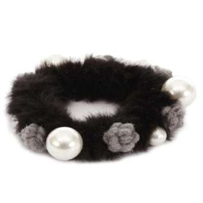 [12pcs set] Fur & pearl scrunchies - black