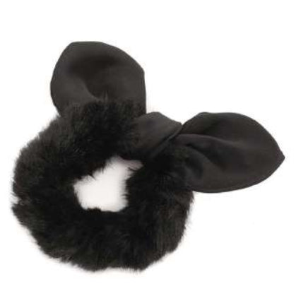 [12pcs set] Fur & ribbon scrunchies - black