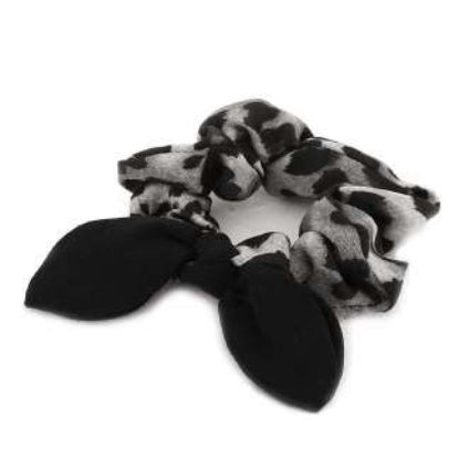 [12pcs set] Leopard & ribbon scrunchies - black