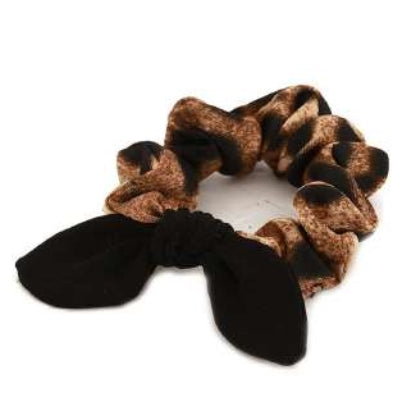 [12pcs set] Leopard & ribbon scrunchies - brown
