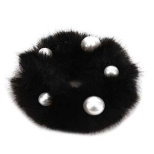 [12pcs set] Fur & pearl scrunchies - black