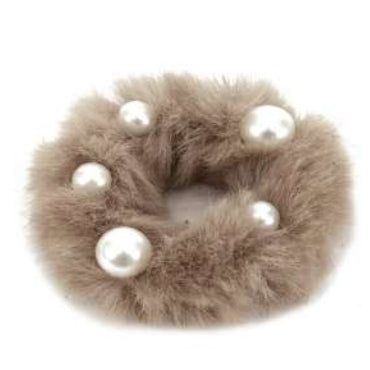 [12pcs set] Fur & pearl scrunchies - brown