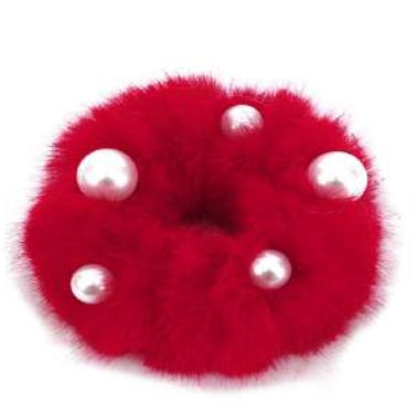 [12pcs set] Fur & pearl scrunchies - red