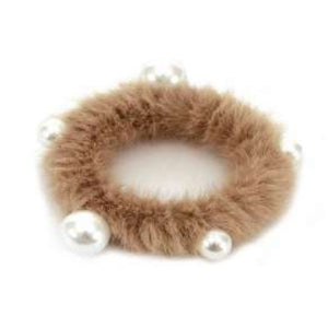 [12pcs set] Pearl & fur scrunchies - brown