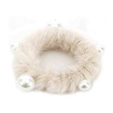 [12pcs set] Pearl & fur scrunchies - ivory