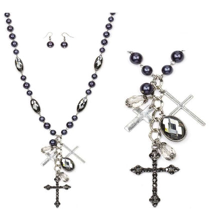 [12pcs set] Cross pendant necklace set - hematite