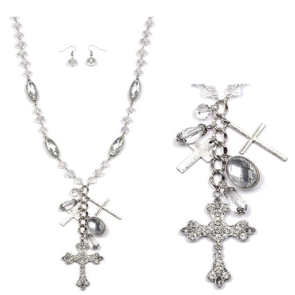[12pcs set] Cross pendant necklace set - clear