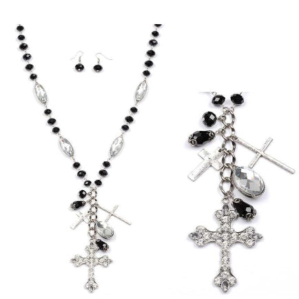[12pcs set] Cross pendant necklace set - jet black