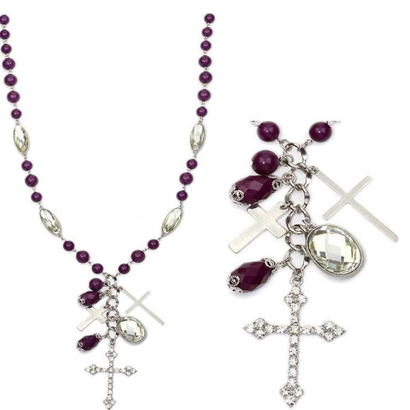 [12pcs set] Cross pendant necklace purple - 26inch long