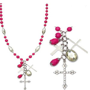 [12pcs set] Cross pendant necklace fuchsia - 26inch long