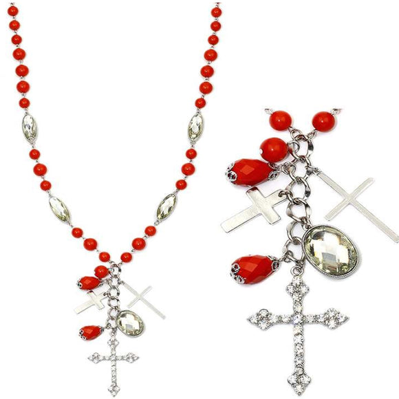 [12pcs set] Cross pendant necklace coral - 26inch long
