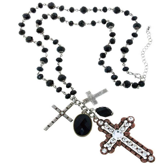 [12pcs set] Cross & bead necklace - black