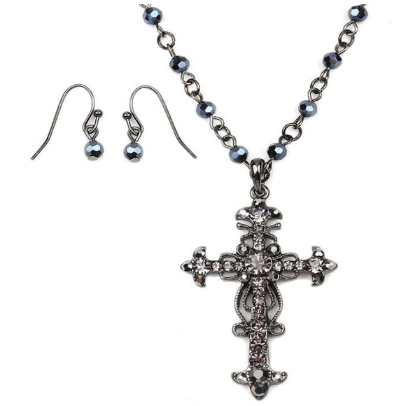 [12pcs set] Embellished cross necklace set - black