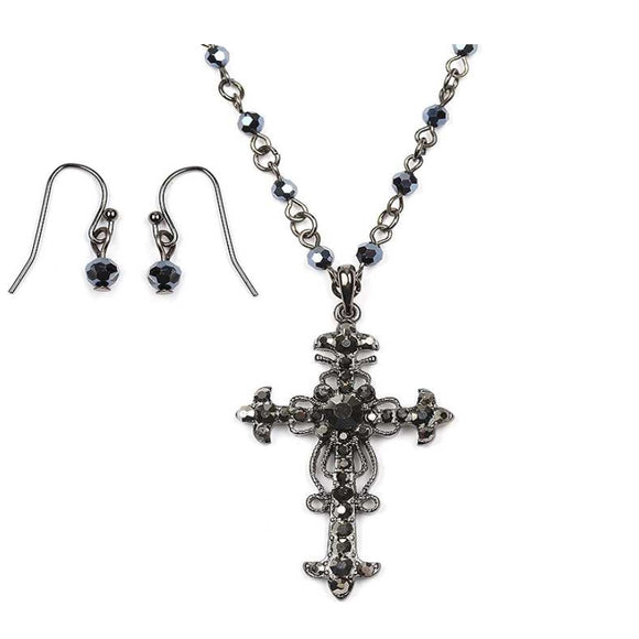 [12pcs set] Embellished cross necklace set - hematite