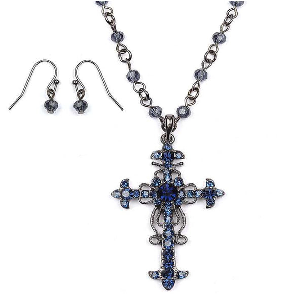 [12pcs set] Embellished cross necklace set - blue