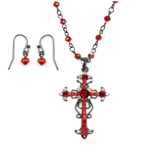 [12pcs set] Embellished cross necklace set - red
