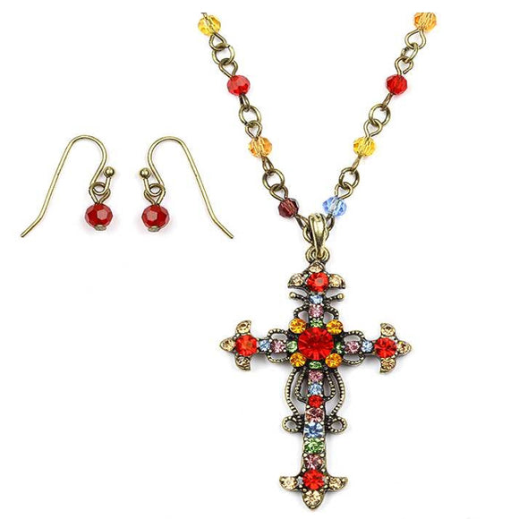 [12pcs set] Embellished cross necklace set - multi