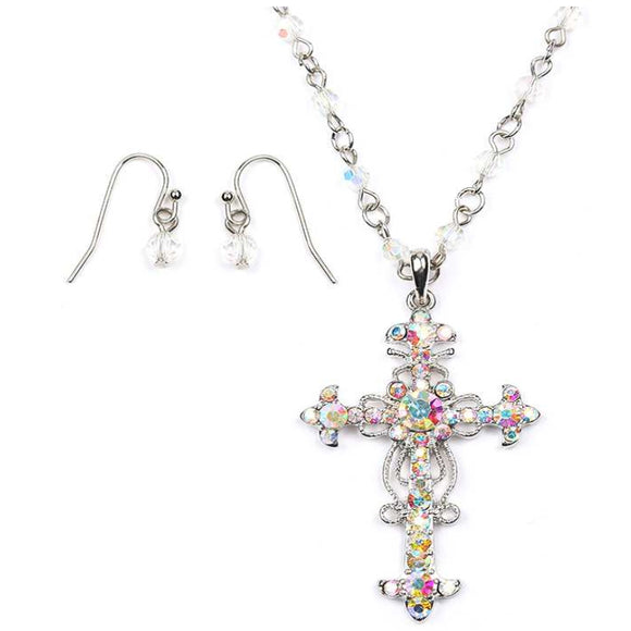 [12pcs set] Embellished cross necklace set - aurora