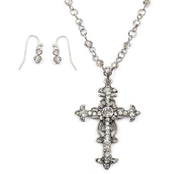 [12pcs set] Embellished cross necklace set - antique silver