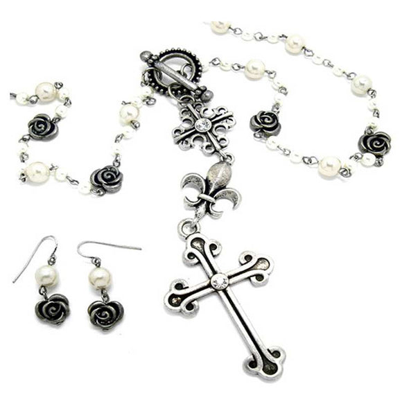 [12pcs set] Cross & flower necklace set - antique silver