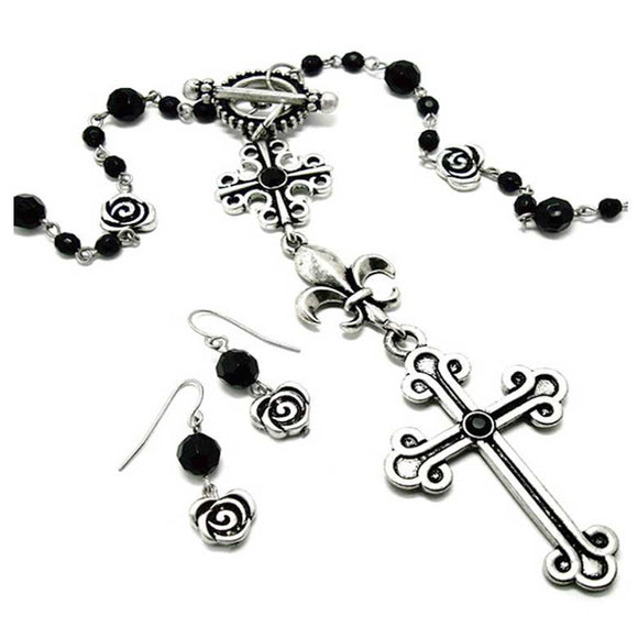 [12pcs set] Cross & flower necklace set - black