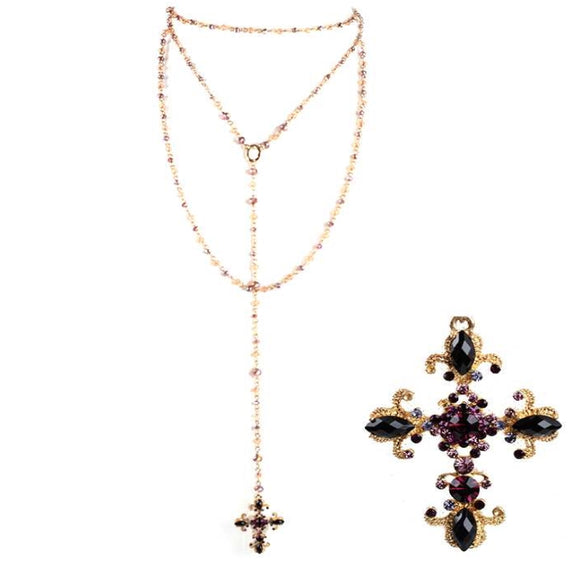 [12pcs set] Long drop cross pendant necklace - gold amy