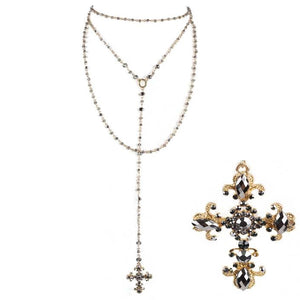 [12pcs set] Long drop cross pendant necklace - hematite