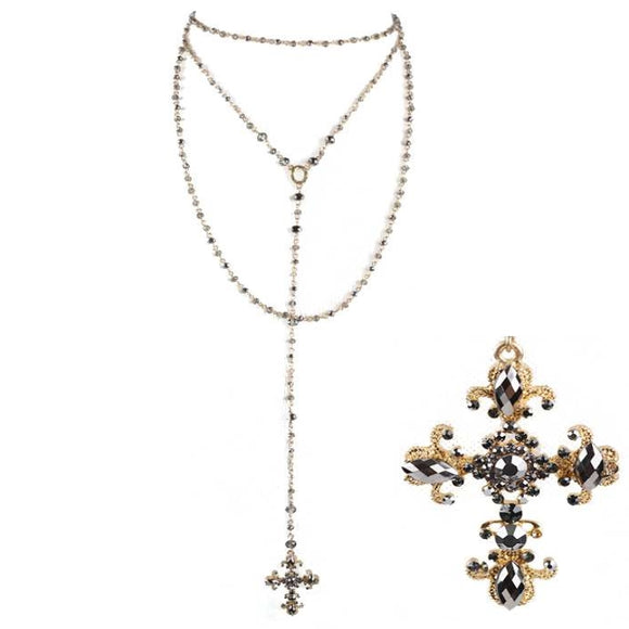 [12pcs set] Long drop cross pendant necklace - hematite