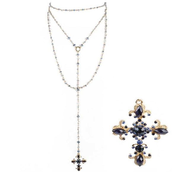 [12pcs set] Long drop cross pendant necklace - montana blue