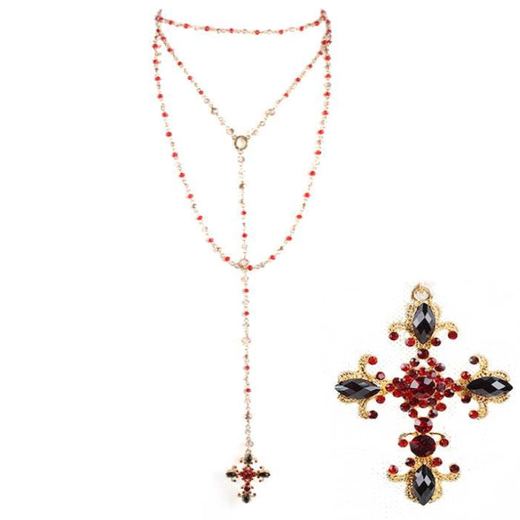 [12pcs set] Long drop cross pendant necklace - red