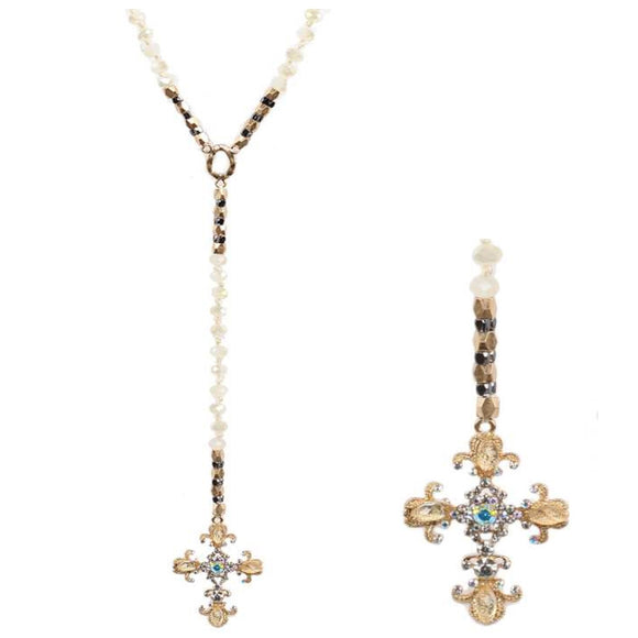 [12pcs set] Long drop cross & bead necklace - aurora