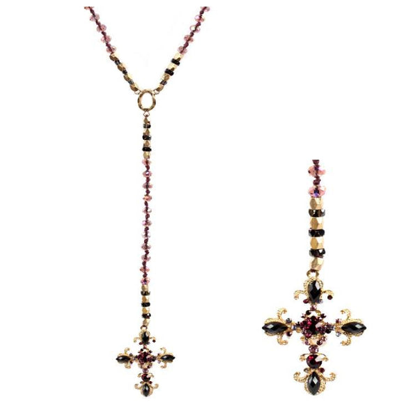 [12pcs set] Long drop cross & bead necklace - amy