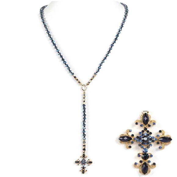 [12pcs set] Long drop cross & bead necklace - montana blue
