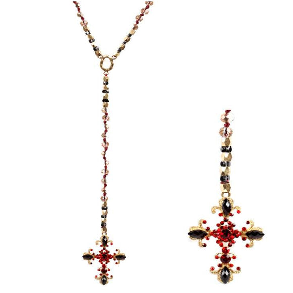 [12pcs set] Long drop cross & bead necklace - red