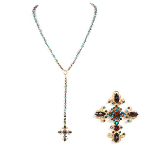 [12pcs set] Long drop cross & bead necklace - worn gold