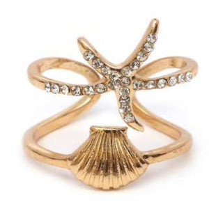 [12pcs set] Starfish & shell ring - gold