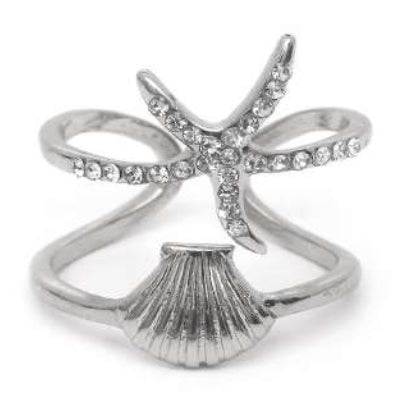 [12pcs set] Starfish & shell ring - silver