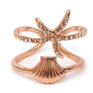 [12pcs set] Starfish & shell ring - rose gold
