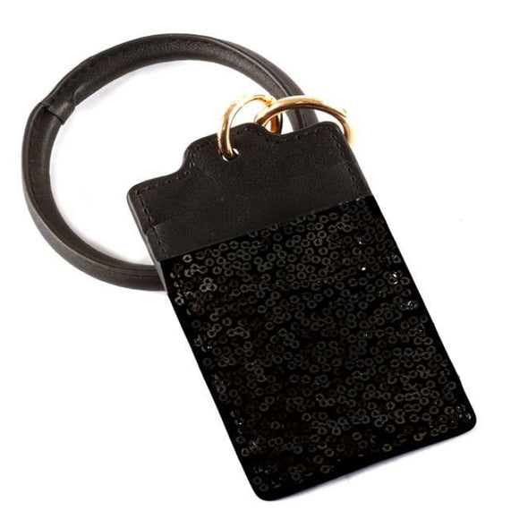 [12pcs set] Key ring sequin ID card holder - black