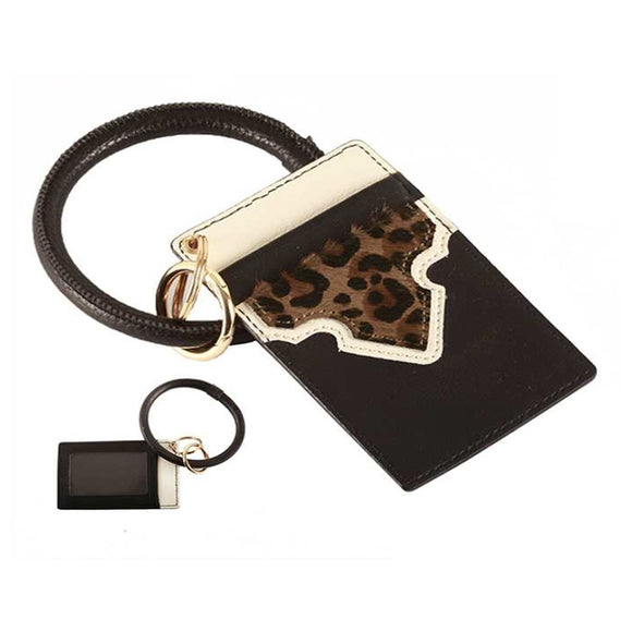 [12pcs set] Leopard ID card holder with key ring - black