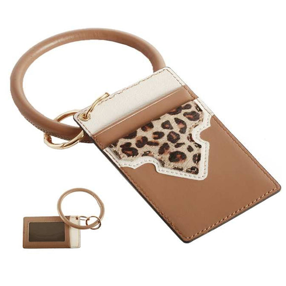 [12pcs set] Leopard ID card holder with key ring - brown