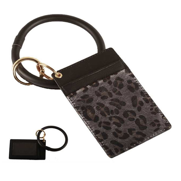 [12pcs set] Leopard ID card holder with key ring - black