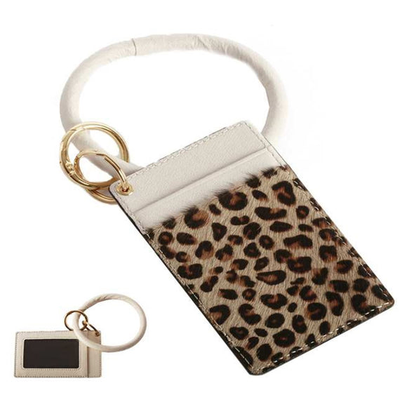 [12pcs set] Leopard ID card holder with key ring - beige