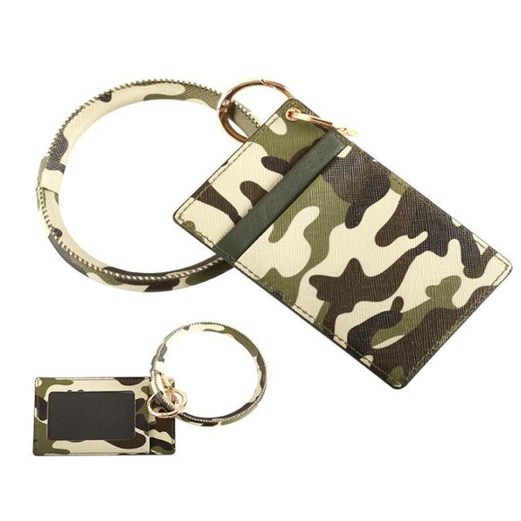 [12pcs set] Camo ID card holder with key ring - green